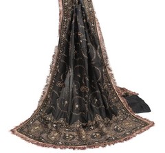 Sushila Vintage Black HEAVY Scrap Dupatta Pure Silk Handmade Zari Work LongStole