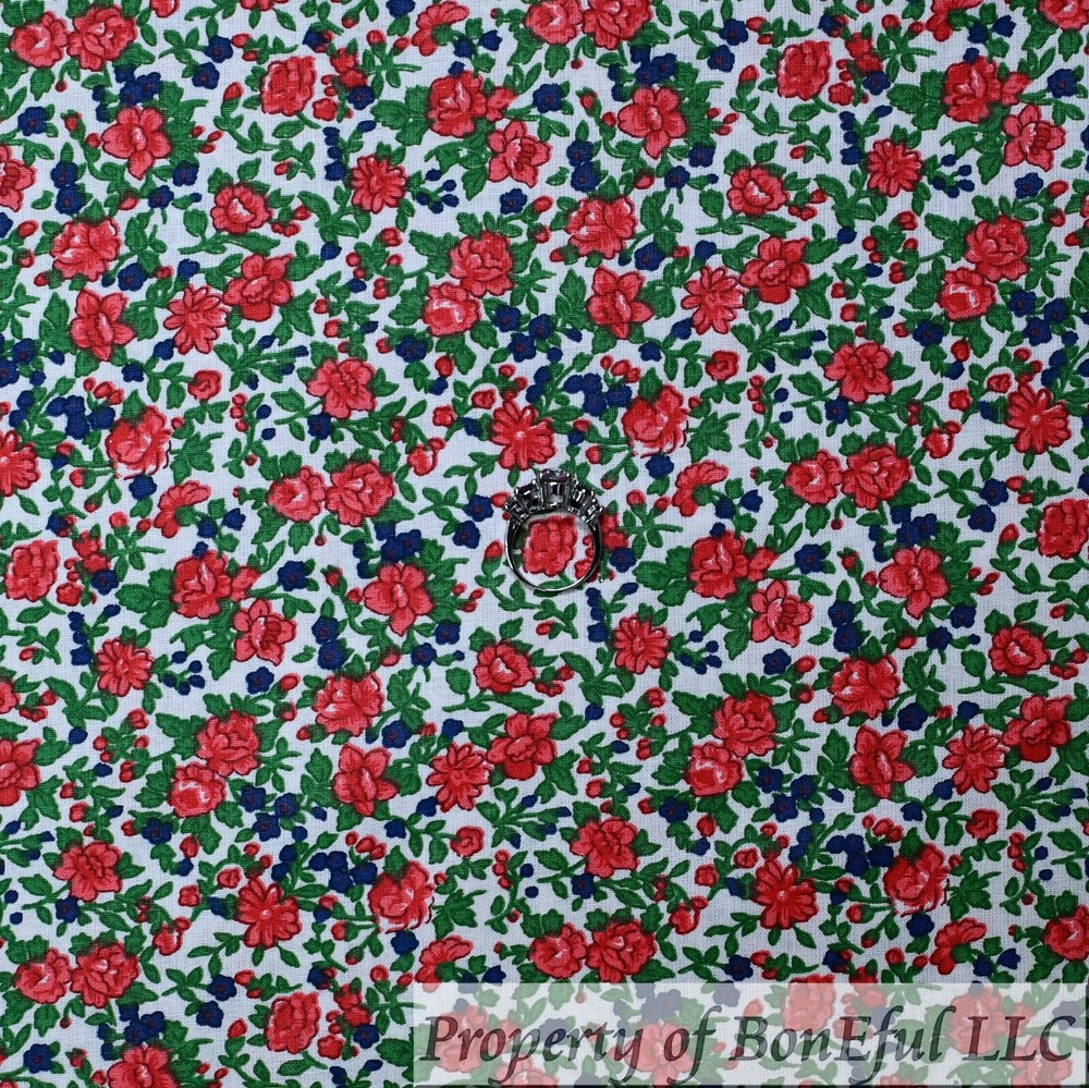 BonEful Fabric FQ Cotton Quilt VTG White Red Blue Small Rose Flower Tiny Antique