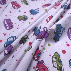 Retro Vintage Cars Polka Dot White Poly Cotton Fabric 58″ By The Yard
