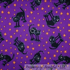 BonEful Fabric FQ Cotton Quilt Purple Black Gold Halloween Kitty Cat Star Calico