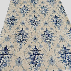 Vtg Victorian Blue And Cream Toile Floral Cotton Quilt Fabric Sewing 62 x 46″