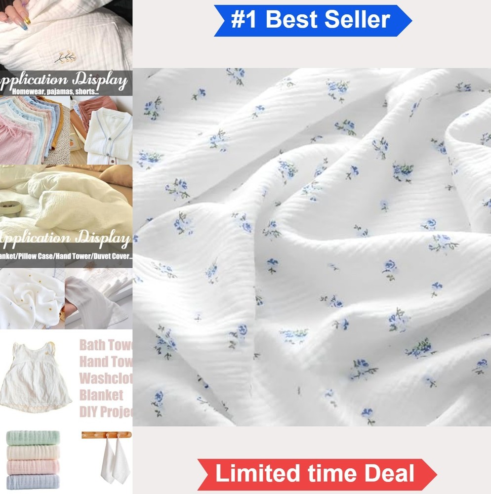 Double Gauze Cotton Fabric 100% Cotton Muslin 53 Inch Wide Blue Floral 1 Yard