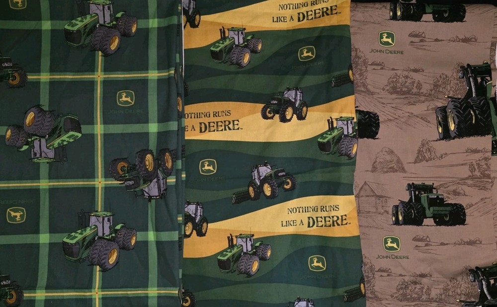 Lot of 8+ Yards John Deere Fabric, Mix Styles. Plaid, Stripe. Tractor Green