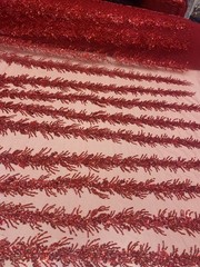 Red Celestial Fern Beaded Lace Fabric – Crystal Embroidered Tulle Prom Fabric