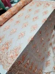 Peach 3D Floral Lace Fabric with Pearls & Scalloped Mesh by the Yard