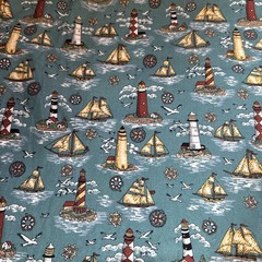 1995 100% Cotton Lighthouse And Sailboat Nautical Fabric On Teal Background 4 Yd