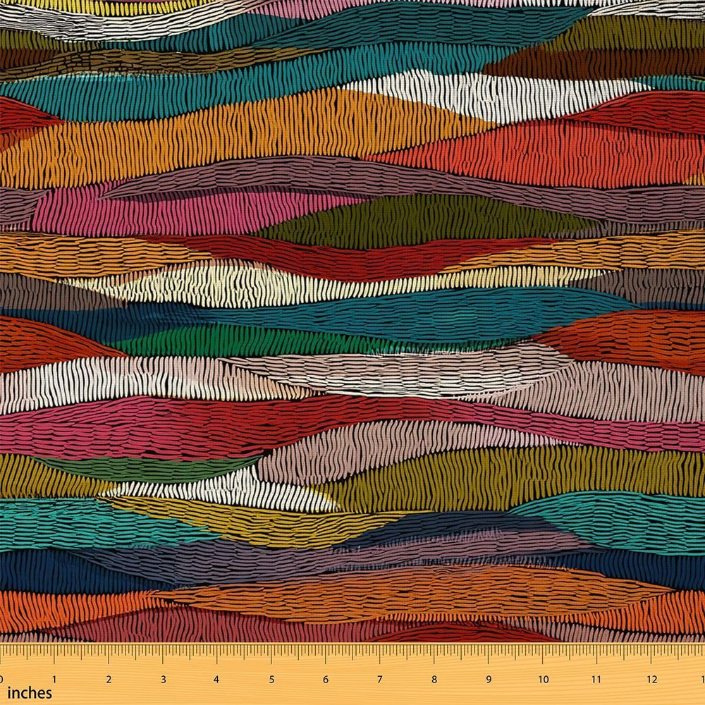 Boho Wavy Fabric by the Yard,Rainbow Embroidered Waves Sewing,Tribal Ethnic Geom
