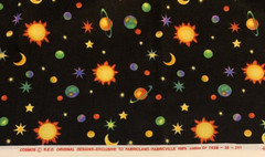 “Cosmos” Solar System Galaxy Fabric By R.E.D & Fabricland Vtg Black Yellow BTY