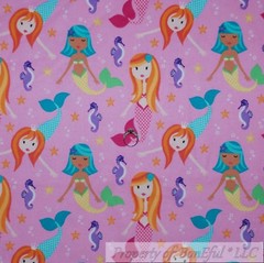 BonEful Fabric FQ Cotton Quilt Flannel Pink Mermaid Princess Sea Horse Star Fish