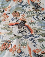 Cranes, Tortoises, on White Japanese Cotton Dobby Shirting w/ Gold Metallic