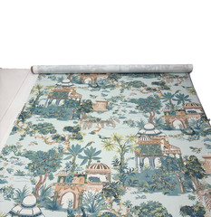 THIBAUT MYSTIC GARDEN SPA BLUE PEACOCK TEMPLE TOILE MULTIUSE FABRIC BY YARD 54″W
