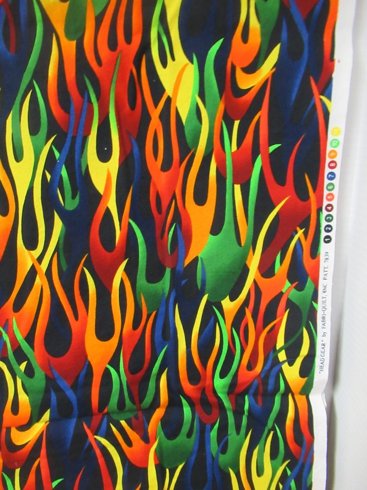 “HEAD GEAR” Fabri-Quilt Fire FLAMES Cotton Fabric BLACK MULTI 1Y12″ X43″