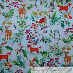BonEFul Fabric FQ Cotton Quilt White Rainbow Scenic Woodland Animal Deer Fox Owl