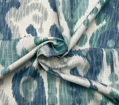 BALLARD DESIGNS ANDROS IKAT BLUE IVORY MULTIPURPOSE LINEN FABRIC 2.1 YARDS 54″W