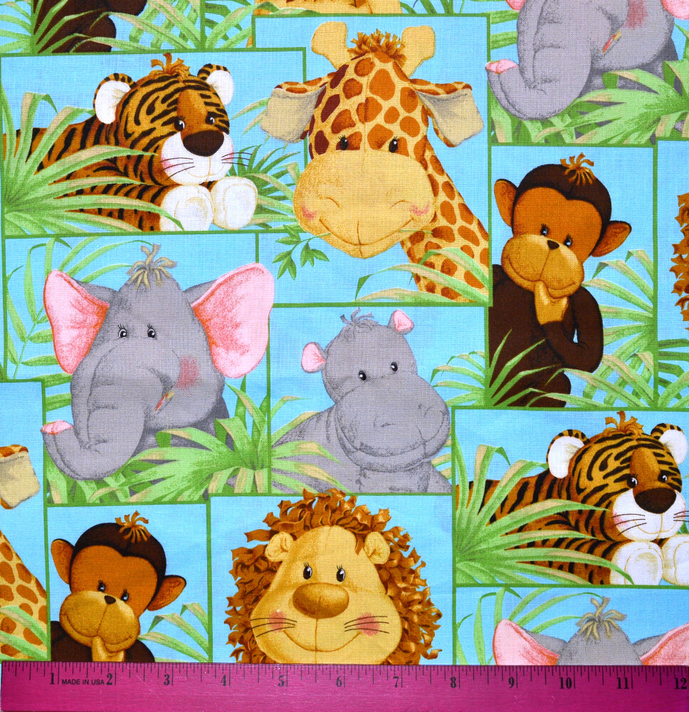 Jungle Babies Fabric – HALF YARD – 100% Cotton – Baby Nursery Safari Animals