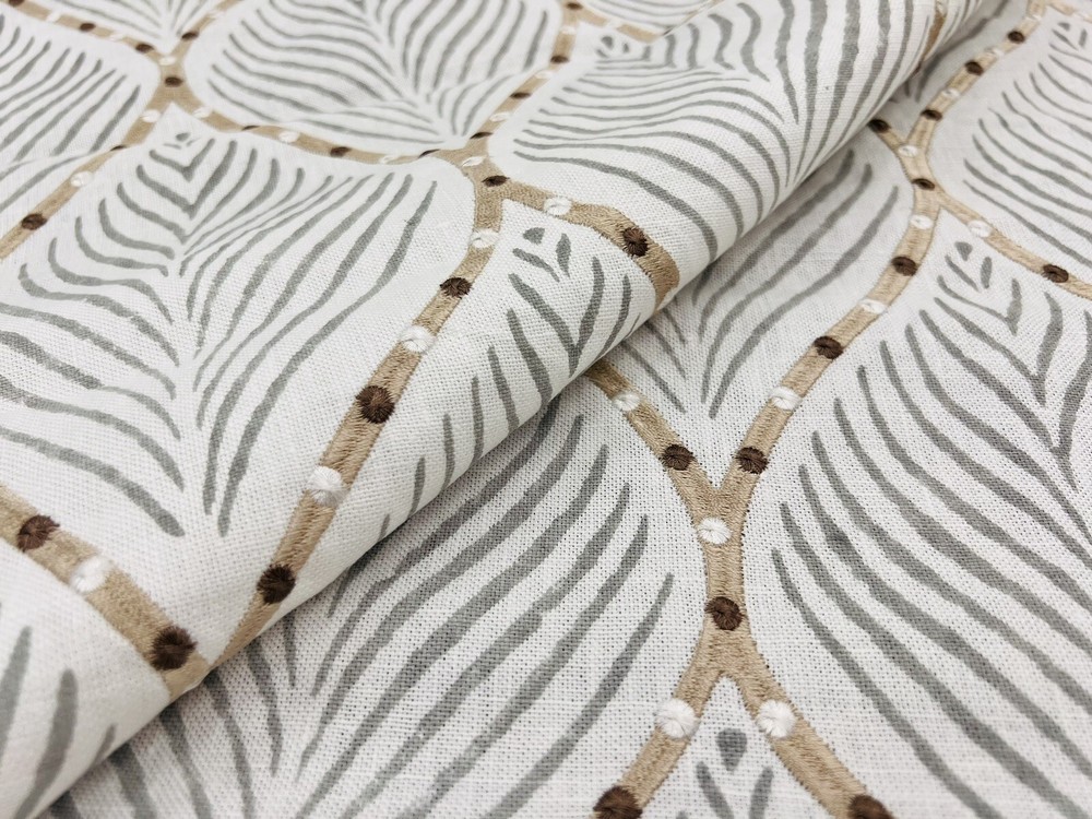 Nina Campbell Hand Block Leaf Print Embroid. Fabric- Bonnelles French Grey 4.3yd