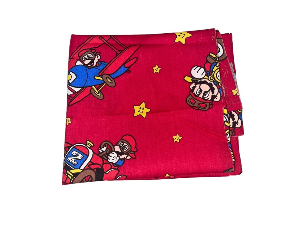 Vintage 1980s Super Mario Bros Nintendo Red Cotton Fabric Scrap Kart Flying