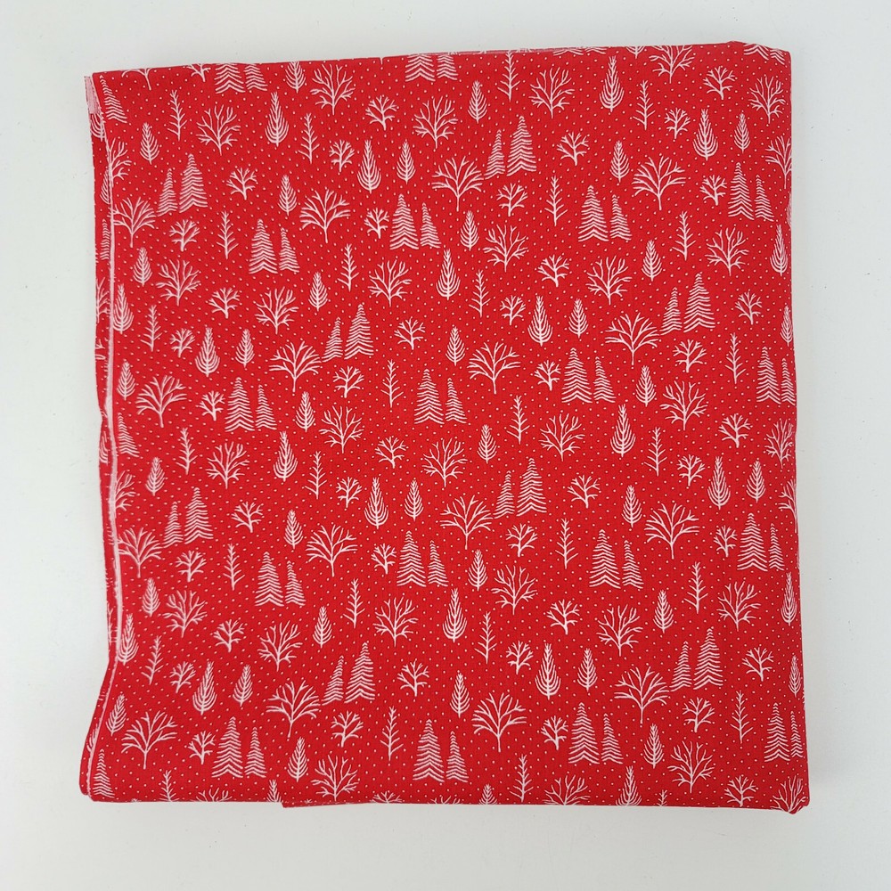 Vintage Red & White Winter Trees Dots Cotton Christmas Fabric 3 Yards 108×44″