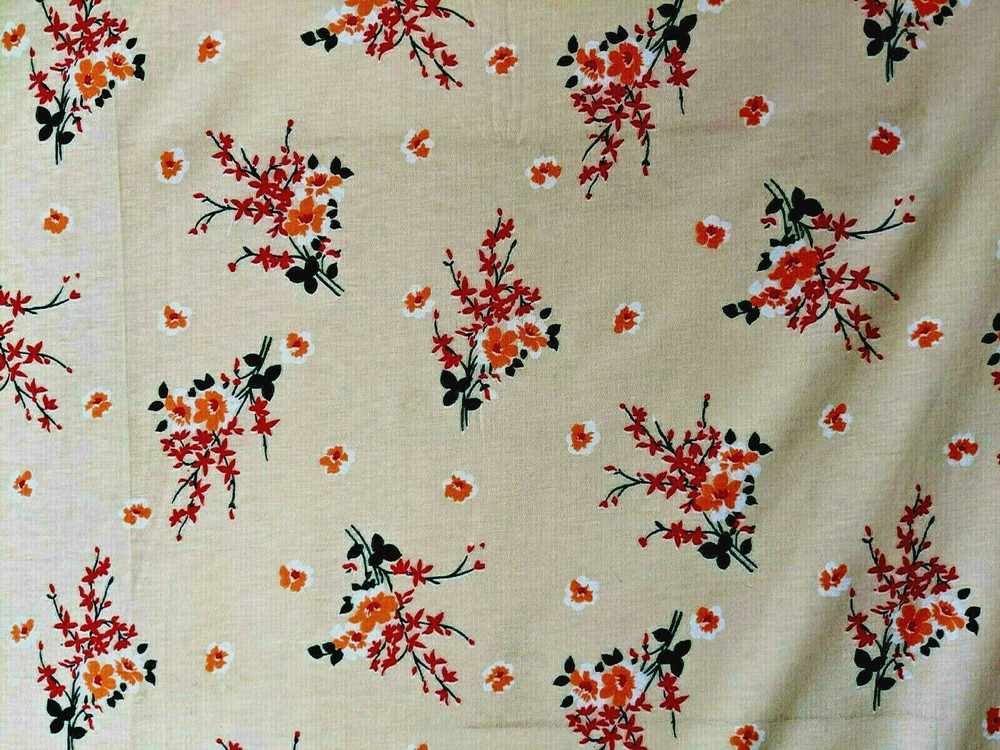 Vtg 80s Klopman Mills Floral Bouquet Cotton Stretch Knit Fabric Tan 48″x62″ w PC