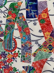 Vintage Japanese kimono silk fabric / white base, floral Tanzaku AB30