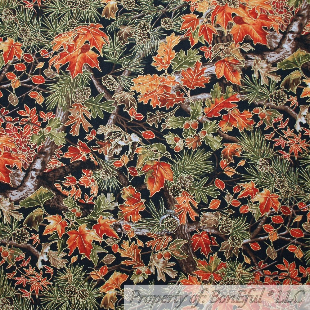 BonEful FABRIC FQ Cotton Quilt Black Brown Orange Gold Metallic Leaf Tree Branch