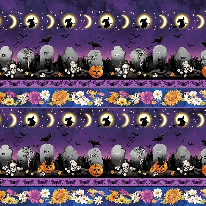 Studio E Quilting Fabric by the 1/4 yard Halloween Bones and Bouquests Graveyard