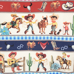 Child Western Theme Print Fabric Cowboy Cowgirls Horses Fence Boots More 108×61″