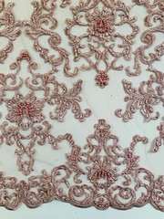 Helena DUSTY PINK Embroidered Damask Pattern with Faux Pearls and Beads on Mesh