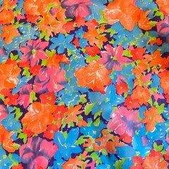 2.5 YD Vintage Impressionist Floral Fabric Cotton Orange Blue