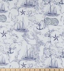 Nautical Boat Sea Ocean Chart Map Navy Blue Off White Ship Anchor Fabric a5/37