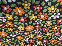 VTG 70s Orange Red Green White on Black Ditsy Florals COTTON FABRIC quilt dolly
