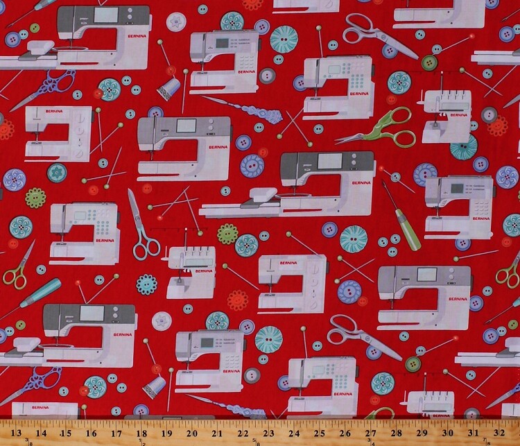 Cotton Sewing Machines Bernina Buttons Pins Red Fabric Print by the Yard D573.18