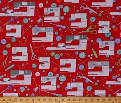 Cotton Sewing Machines Bernina Buttons Pins Red Fabric Print by the Yard D573.18