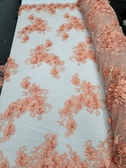 Peach Floral 3D Beaded French Embroidered Handmade Mesh 3D Lace Fabric By Yard