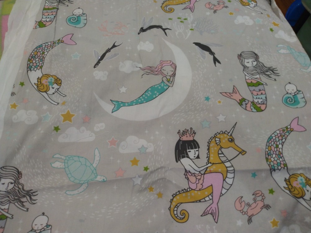 Grey Sea Fabric Mermaid Seahorse turtle snail fish moon crabs ocean stars clouds