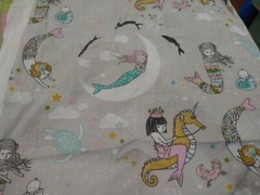 Grey Sea Fabric Mermaid Seahorse turtle snail fish moon crabs ocean stars clouds