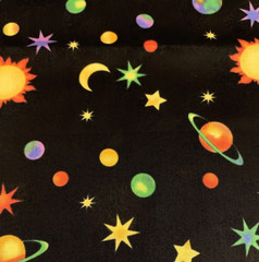 “Cosmos” Solar System Galaxy Fabric By R.E.D & Fabricland Vtg Black Yellow BTY