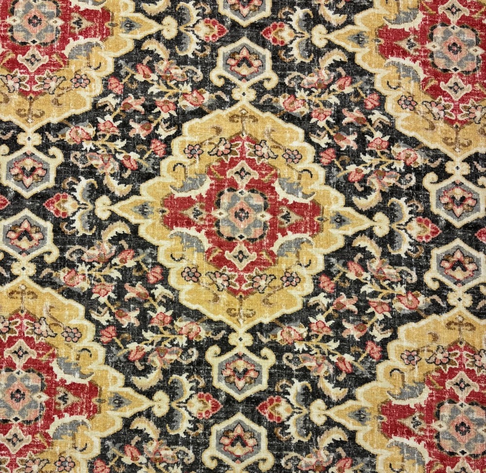 COVINGTON JAIPUR KOHL BLACK RED TURKISH MEDALLION LINEN FABRIC BY YARD 55″W