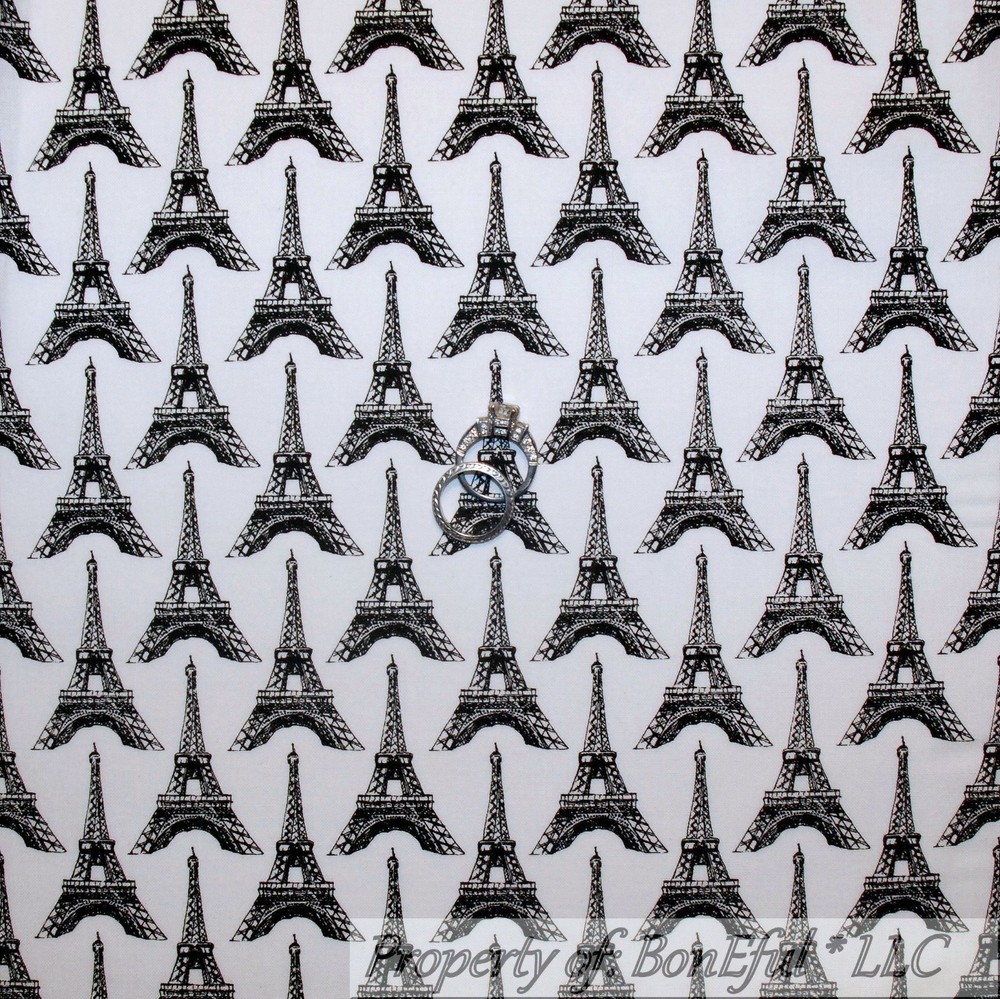 BonEful FABRIC FQ Cotton Quilt White Black B&W Eiffel Tower Paris London Girl UK