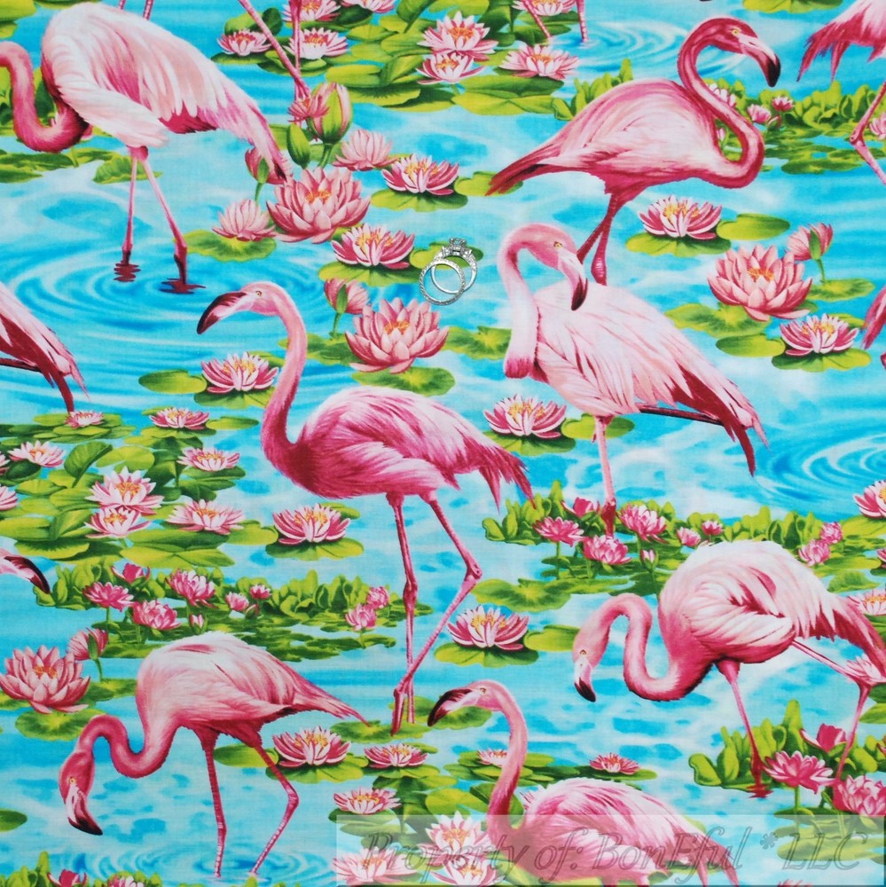 BonEful Fabric FQ Cotton Quilt Aqua Blue Pink Flamingo Bird Florida Beach Flower