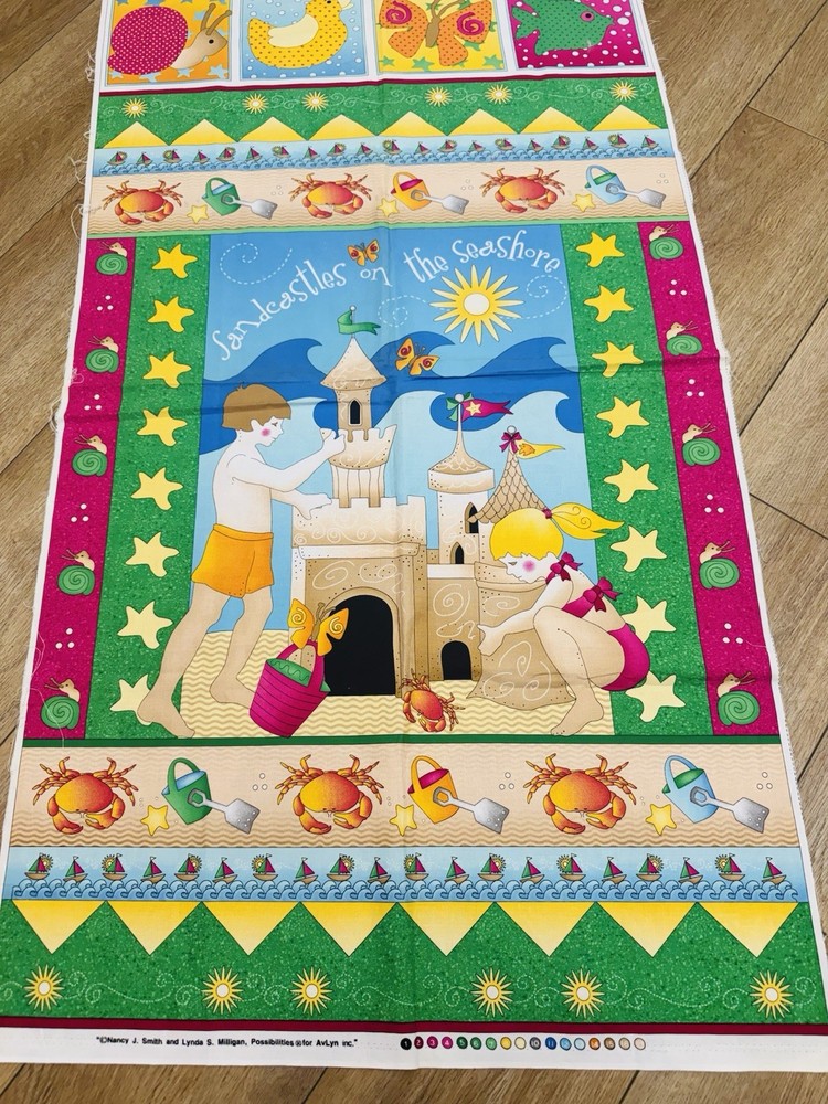 Avlyn Sandcastles on the Seashore Cotton Fabric Panel 44″ x 25″ Children Summer