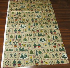Vintage Sewing Fabric Primitive Christmas Trees Birdhouse Tan Backdrop 63″ x 45″