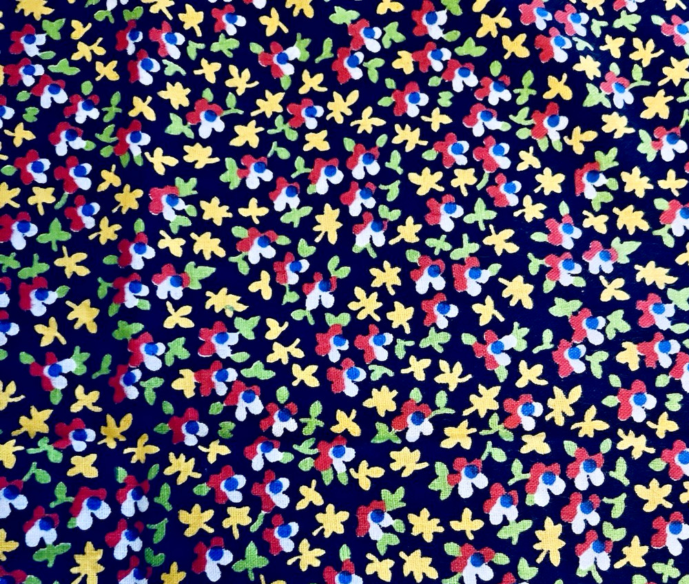 VTG Ditzy CALICO Yellow White Red & Blue Florals on Black Cottagecore 36″x12″