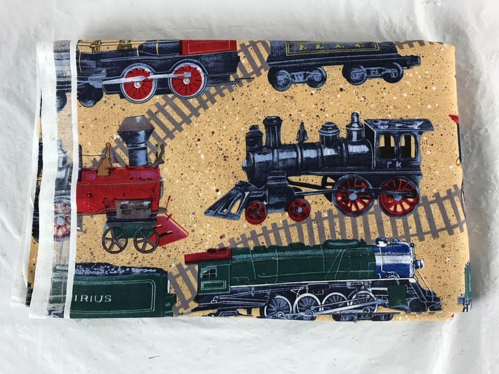 3 Yards Erlanger Blumgart 110″x42″ Railroad Trains Cotton Fabric – Sandy Colored