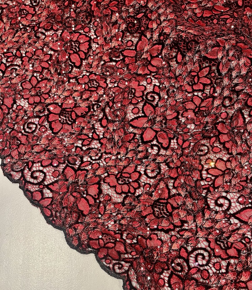 Red Black Rhinestone Beads Embroidery Lace fabric 50” Width 1 Yard