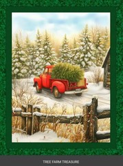 TREE FARM TREASURE TRUCK CHRISTMAS FABRIC QUILT PANEL (36″ x 45″)