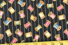 By 1/2 Yd, Vintage, Colorful Wooden Spools on Black, Concord, Kesslers, P7956