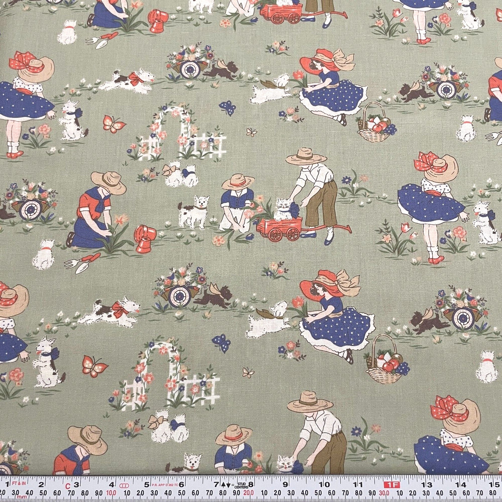 Vintage Faye Burgos Marcus Brothers Garden Petticoats Green Cotton Fabric 2 yard