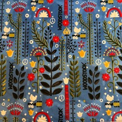 Woodstock Music Festival Knit Fabric Blue Red Cotton/Spandex 58″ wide BTY #BT