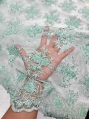 Mint Beaded Mesh Lace Fabric – Bridal Wedding Floral Design, Sold by the Yard